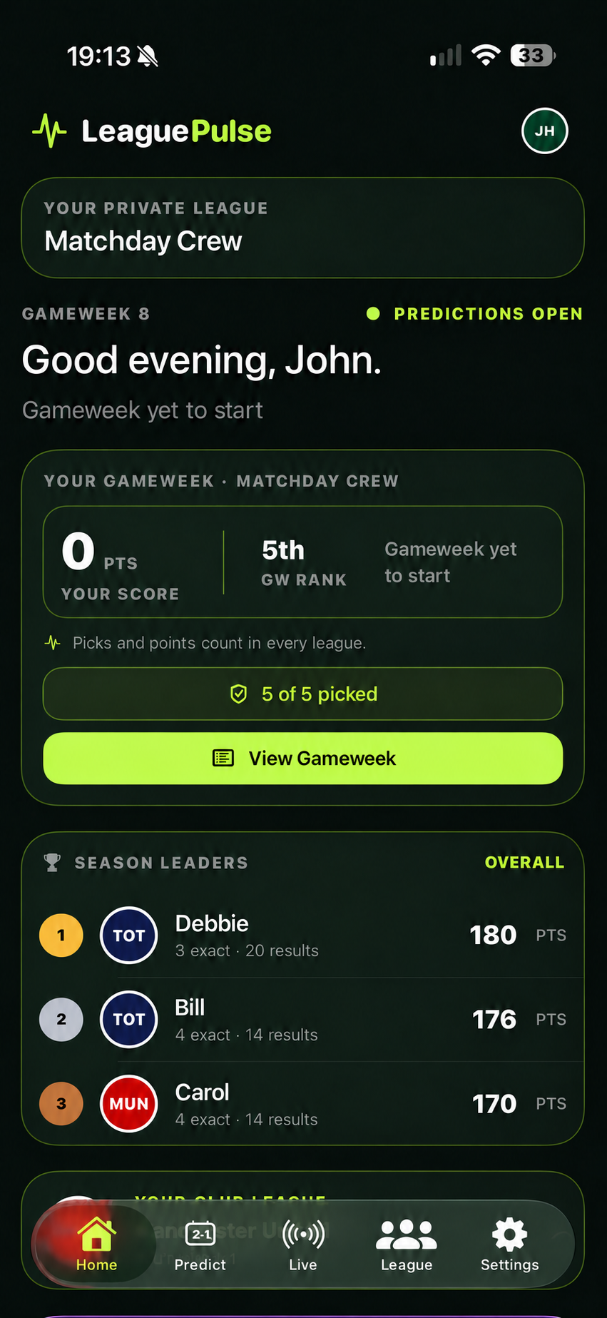 LeaguePulse Home dashboard with edited demo names and club badges